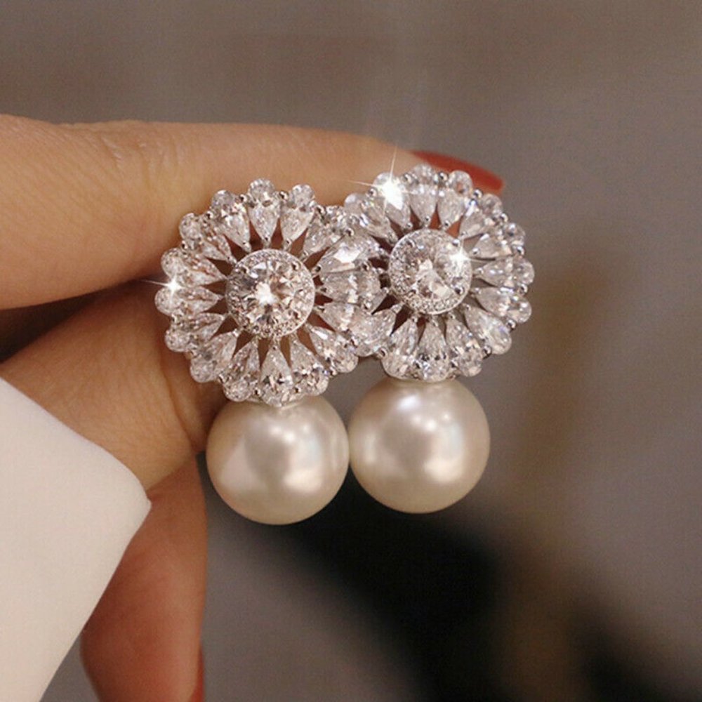 Pearl and White Sapphire Diamond Earrings